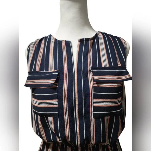 Monteau Womens Size Large Preppy Blue Coral White Striped Sleeveless Midi Dress - Picture 2 of 9
